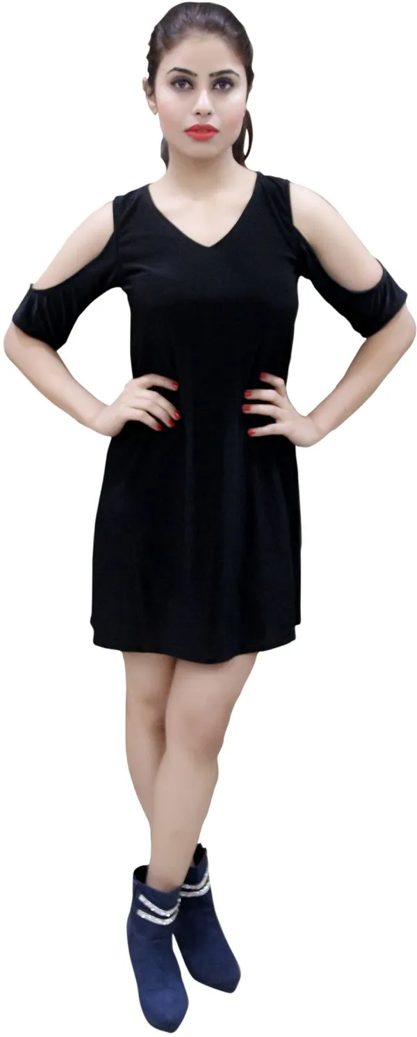 Black_Lycra_Blend_Cold_Shoulder_Sleeve_Knee_Length_Shift_Dress_For_Women