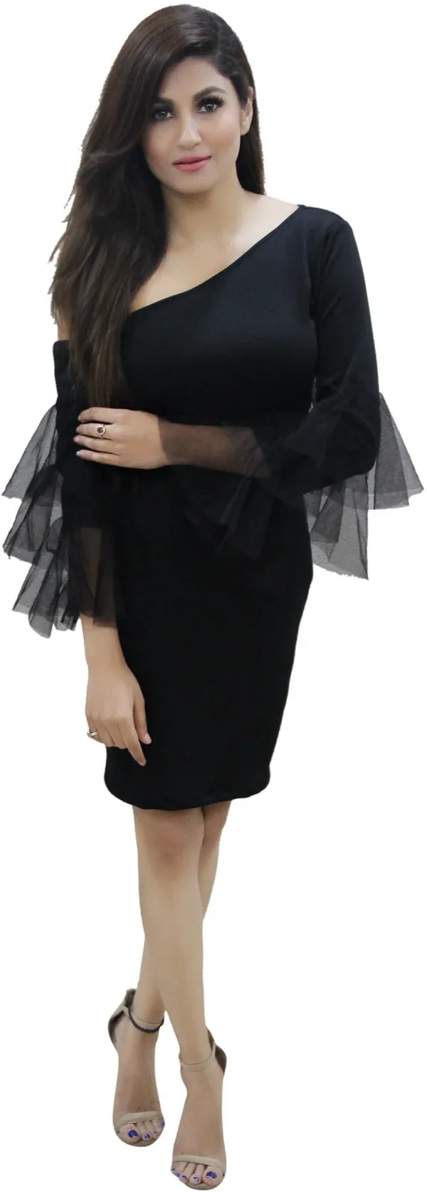 Black_Lycra_Blend_Round_Neck_Fashion_Sleeve_Knee_Length_Bodycon_Dress_For_Women