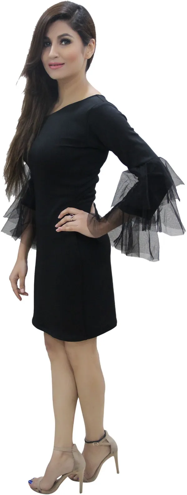 Black_Lycra_Blend_Round_Neck_Fashion_Sleeve_Knee_Length_Bodycon_Dress_For_Women