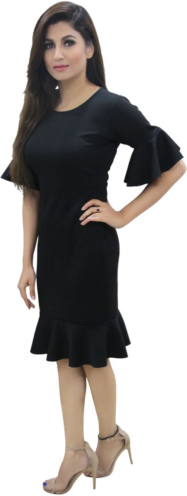 Black_Lycra_Blend_Round_Neck_Fashion_Sleeve_Knee_Length_Bodycon_Dress_For_Women