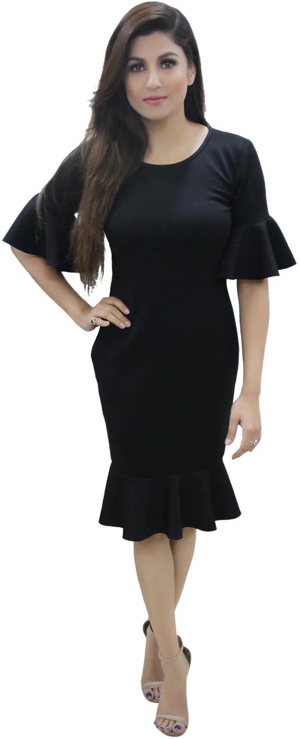 Black_Lycra_Blend_Round_Neck_Fashion_Sleeve_Knee_Length_Bodycon_Dress_For_Women