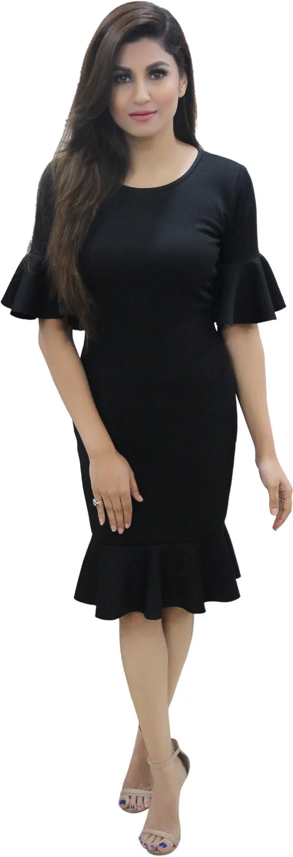Black_Lycra_Blend_Round_Neck_Fashion_Sleeve_Knee_Length_Bodycon_Dress_For_Women