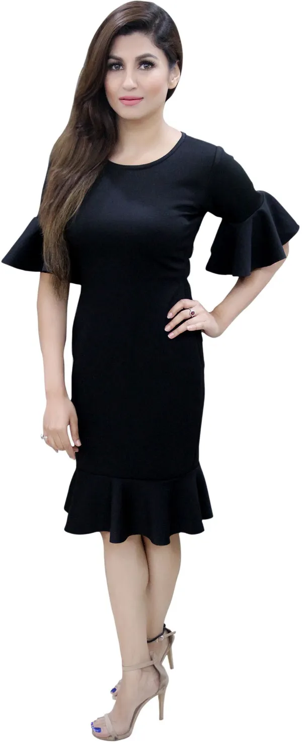 Black_Lycra_Blend_Round_Neck_Fashion_Sleeve_Knee_Length_Bodycon_Dress_For_Women