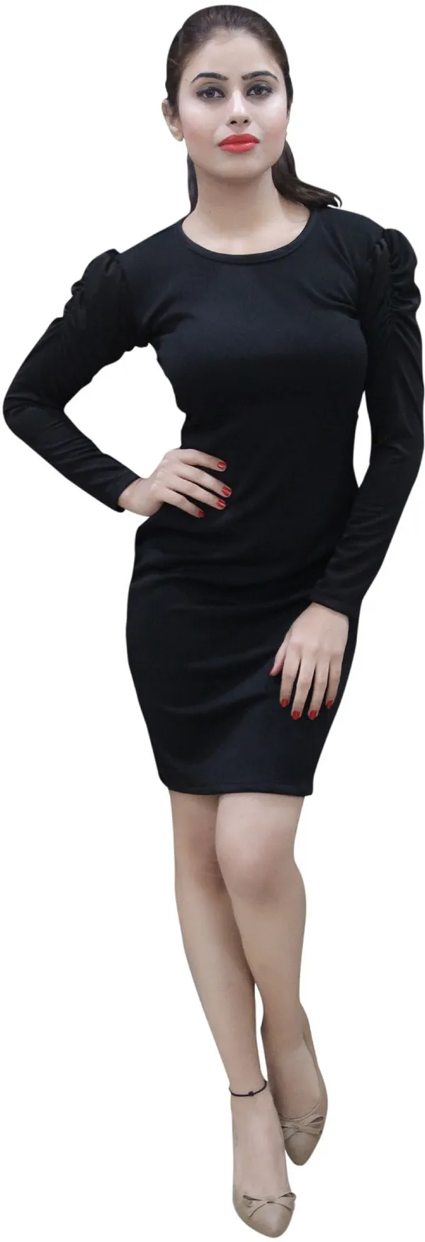 Black_Lycra_Blend_Round_Neck_Puff_Sleeve_Knee_Length_Bodycon_Dress_For_Women