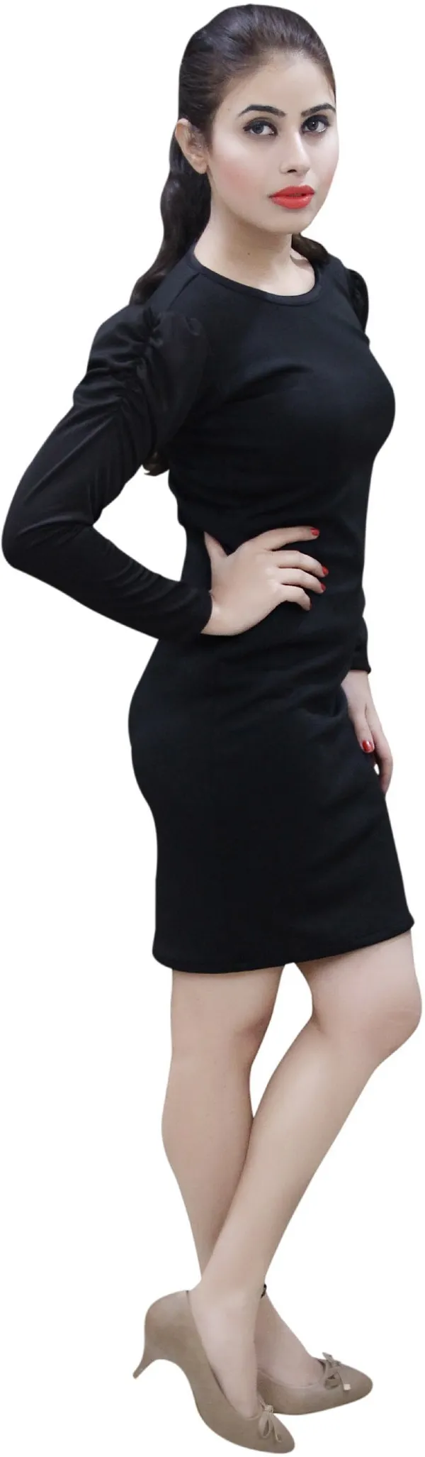 Black_Lycra_Blend_Round_Neck_Puff_Sleeve_Knee_Length_Bodycon_Dress_For_Women