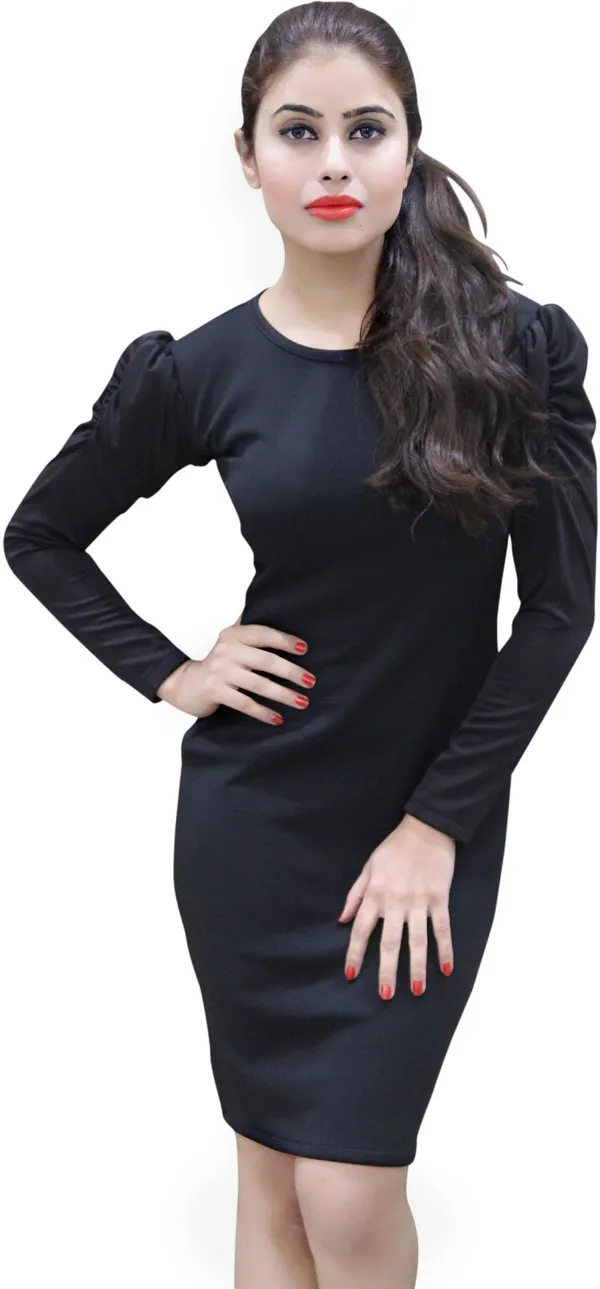 Black_Lycra_Blend_Round_Neck_Puff_Sleeve_Knee_Length_Bodycon_Dress_For_Women