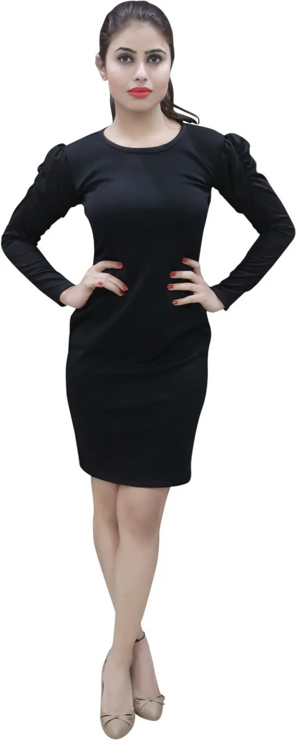 Black_Lycra_Blend_Round_Neck_Puff_Sleeve_Knee_Length_Bodycon_Dress_For_Women