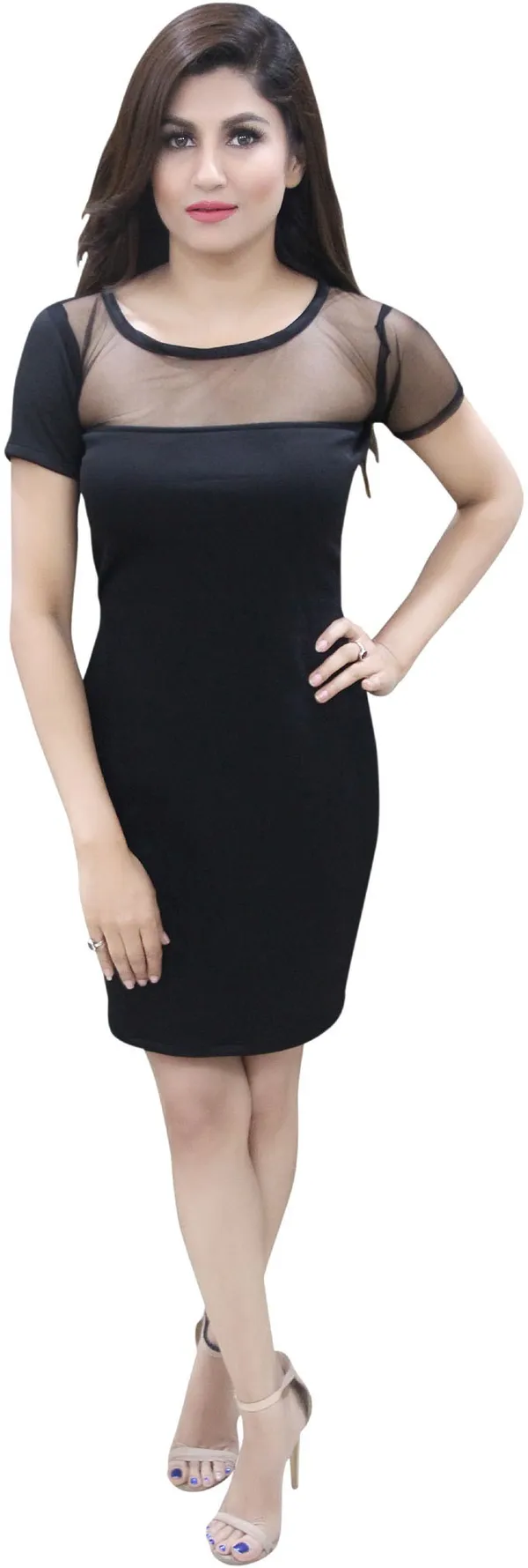 Black_Lycra_Blend_Short_Sleeve_Knee_Length_Bodycon_Dress_For_Women