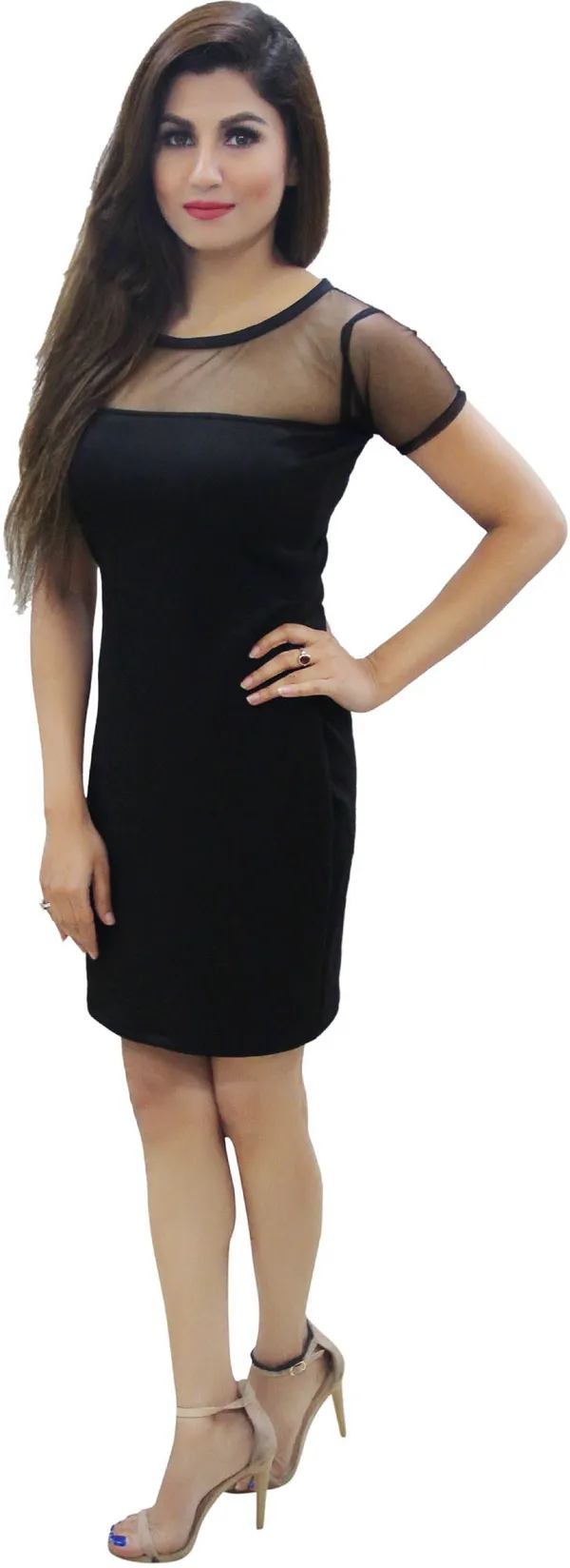Black_Lycra_Blend_Short_Sleeve_Knee_Length_Bodycon_Dress_For_Women