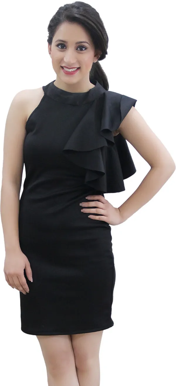 Black_Lycra_Blend_Fashion_Sleeve_Knee_Length_Bodycon_Dress_For_Women