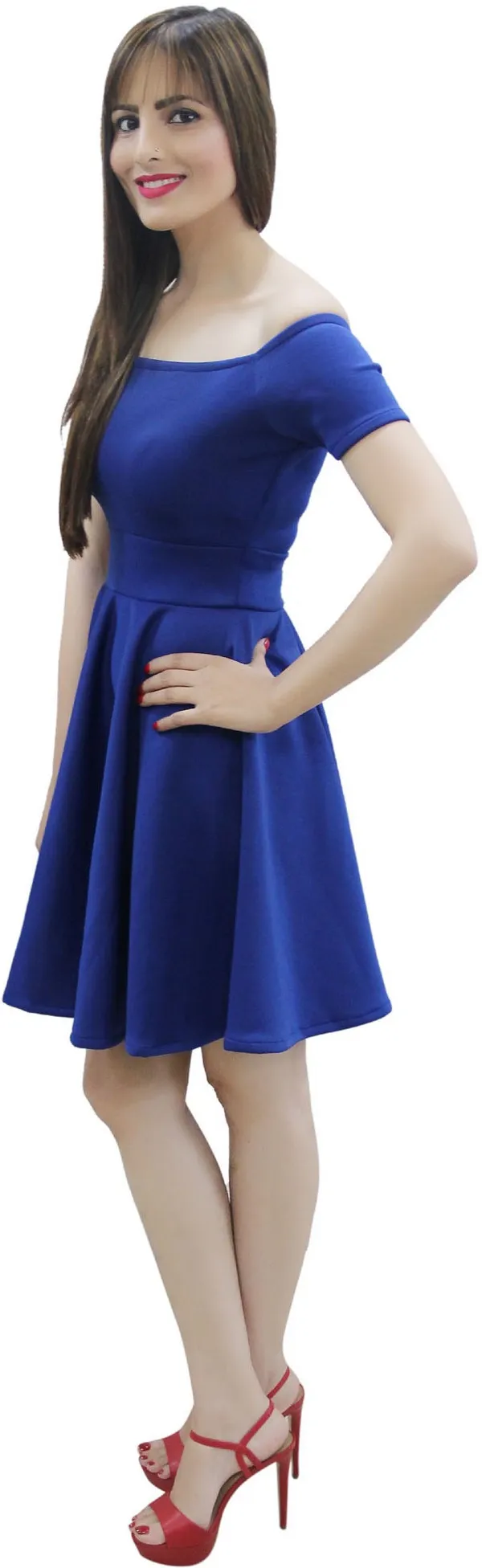 Blue_Lycra_Blend_Off_Shoulder_Short_Sleeve_Knee_Length_Skater_Dress_For_Women