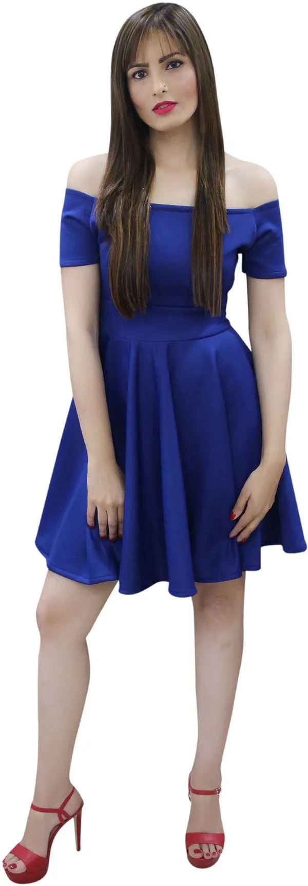 Blue_Lycra_Blend_Off_Shoulder_Short_Sleeve_Knee_Length_Skater_Dress_For_Women