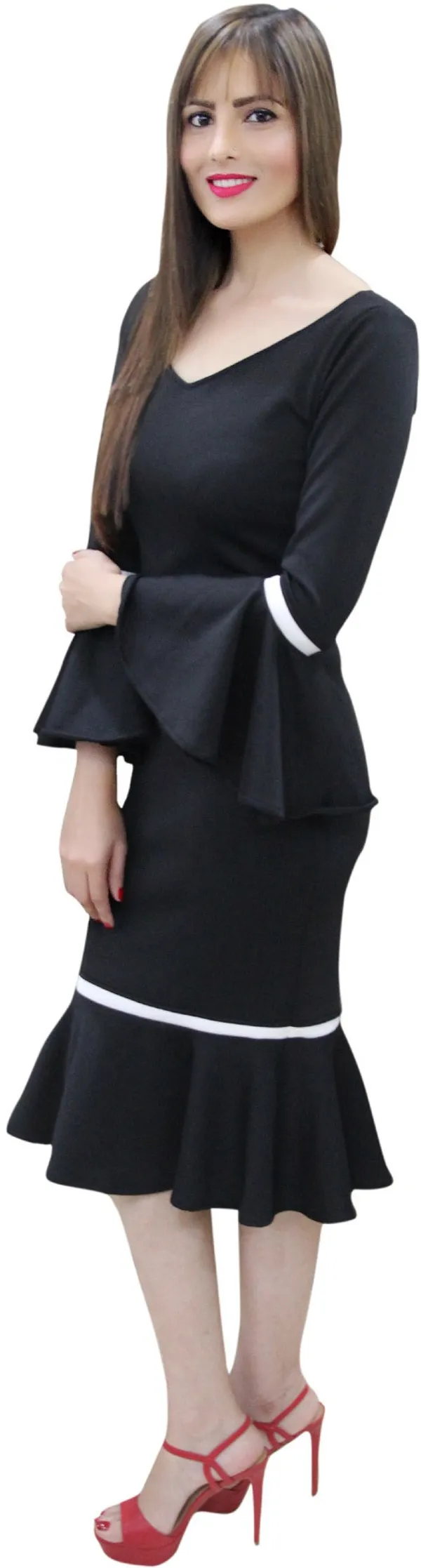 Black_Lycra_Blend_V-Neck_Knee_Length_Drop_Waist_Dress_For_Women