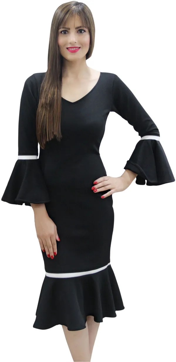 Black_Lycra_Blend_V-Neck_Knee_Length_Drop_Waist_Dress_For_Women