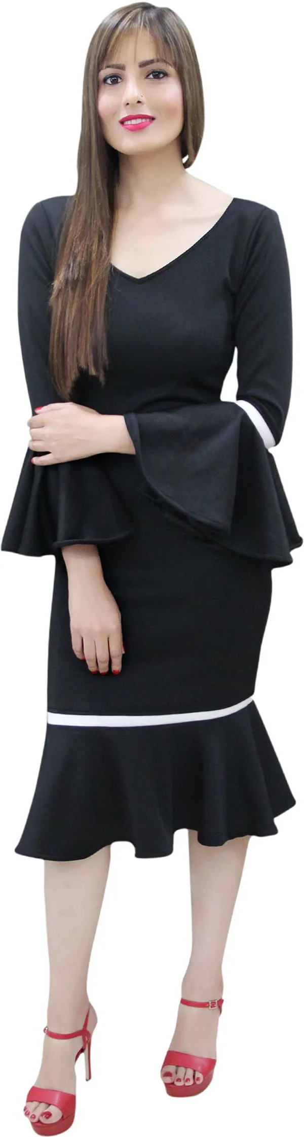 Black_Lycra_Blend_V-Neck_Knee_Length_Drop_Waist_Dress_For_Women
