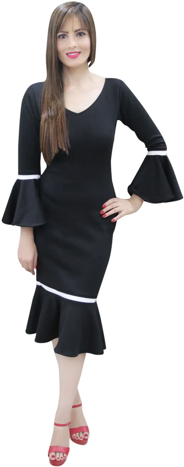 Black_Lycra_Blend_V-Neck_Knee_Length_Drop_Waist_Dress_For_Women