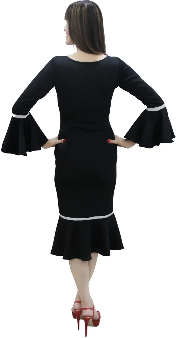 Black_Lycra_Blend_V-Neck_Knee_Length_Drop_Waist_Dress_For_Women