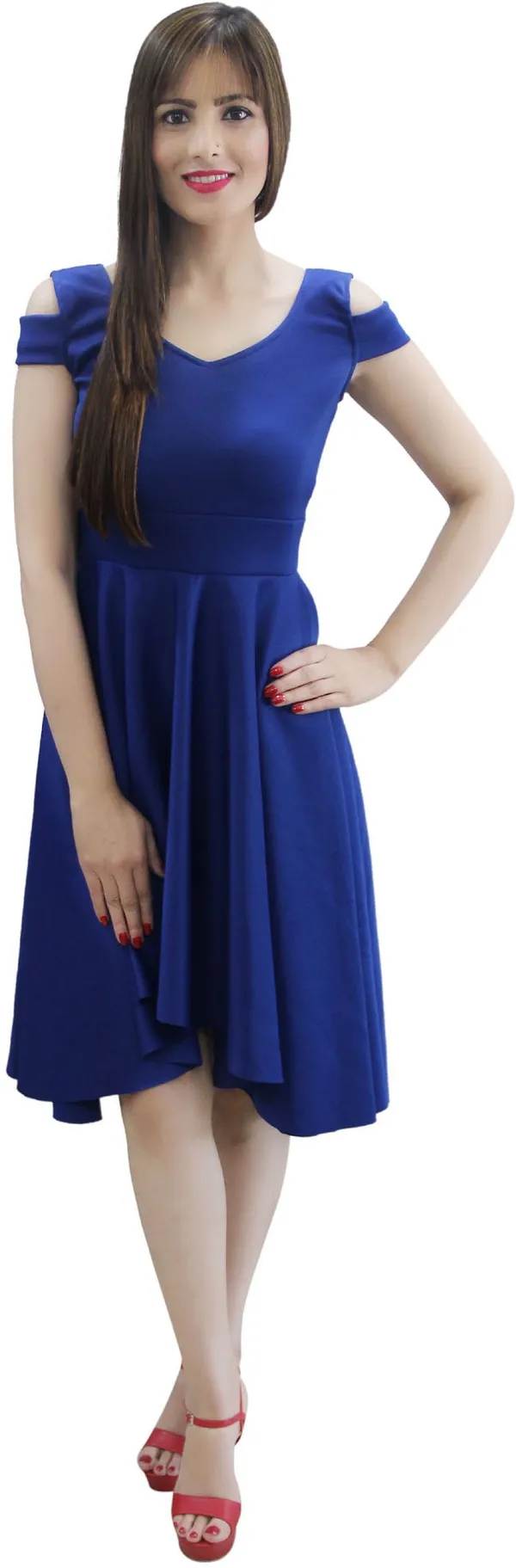 Blue_Lycra_Blend_V-Neck_Cold_Shoulder_Sleeve_Knee_Length_Fit_And_Flare_Dress_For_Women