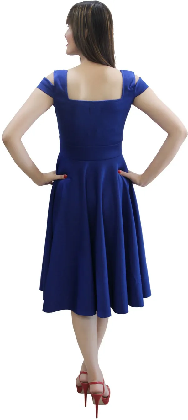 Blue_Lycra_Blend_V-Neck_Cold_Shoulder_Sleeve_Knee_Length_Fit_And_Flare_Dress_For_Women