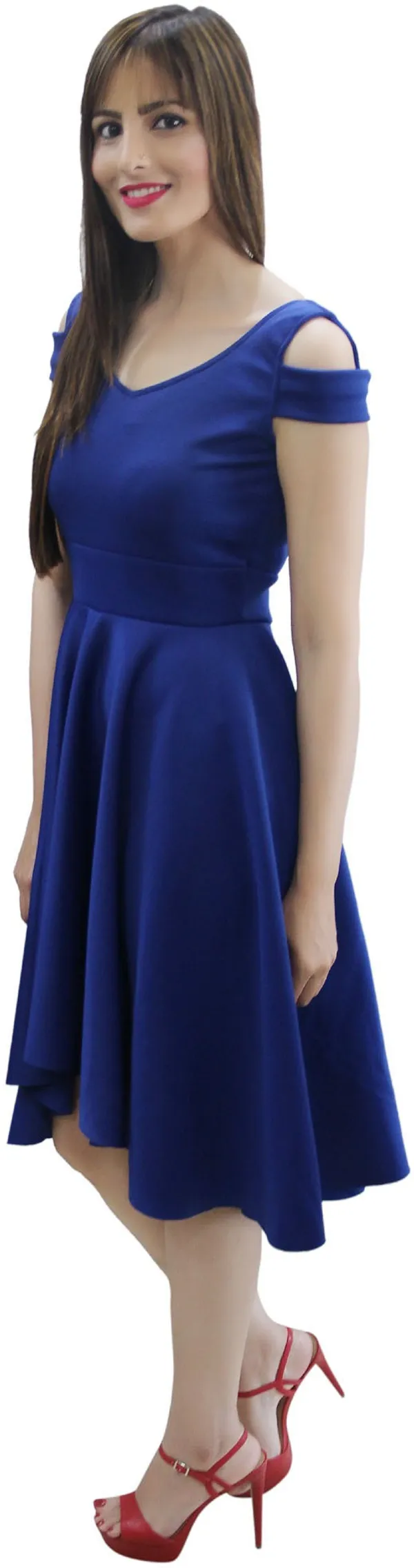 Blue_Lycra_Blend_V-Neck_Cold_Shoulder_Sleeve_Knee_Length_Fit_And_Flare_Dress_For_Women