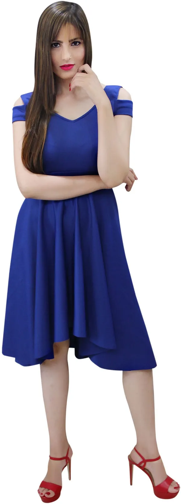 Blue_Lycra_Blend_V-Neck_Cold_Shoulder_Sleeve_Knee_Length_Fit_And_Flare_Dress_For_Women