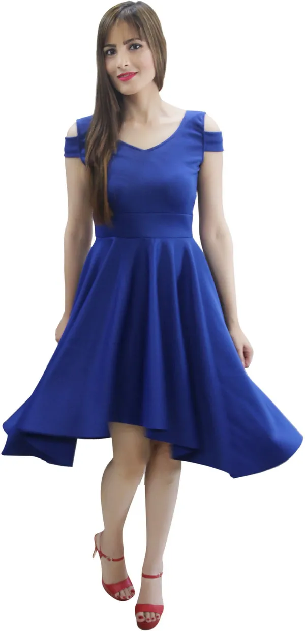 Blue_Lycra_Blend_V-Neck_Cold_Shoulder_Sleeve_Knee_Length_Fit_And_Flare_Dress_For_Women