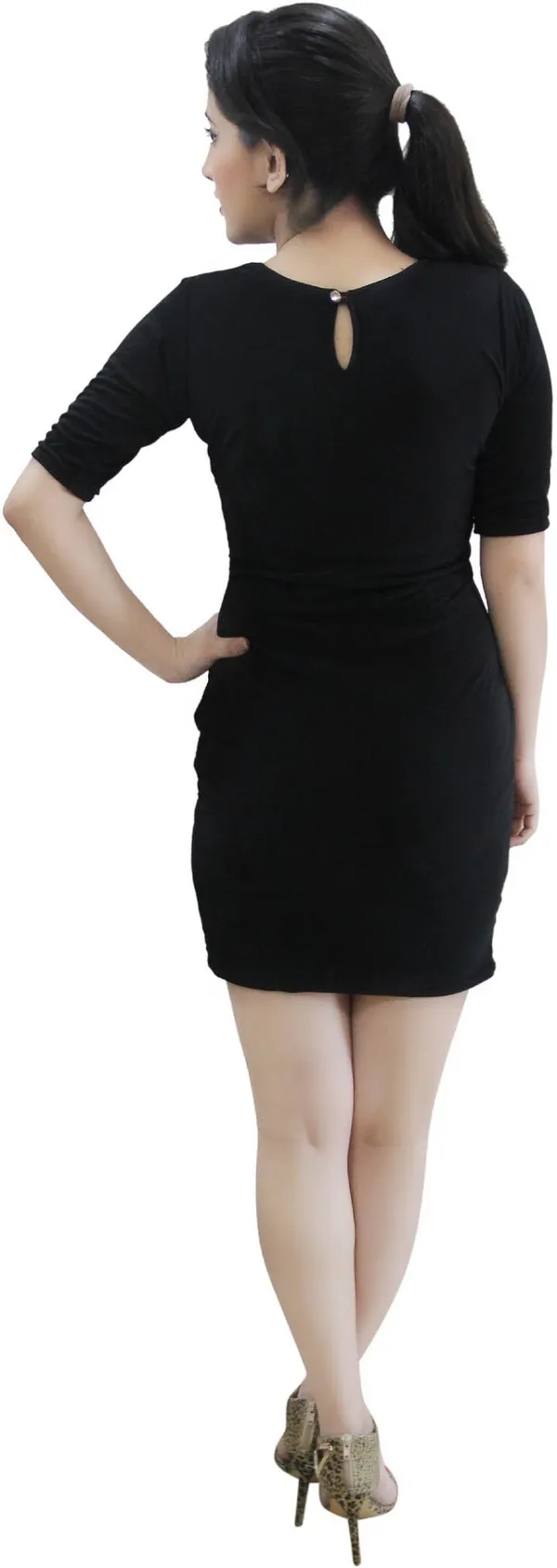Black_Lycra_Blend_Round_Neck_Short_Sleeve_Knee_Length_Bodycon_Dress_For_Women