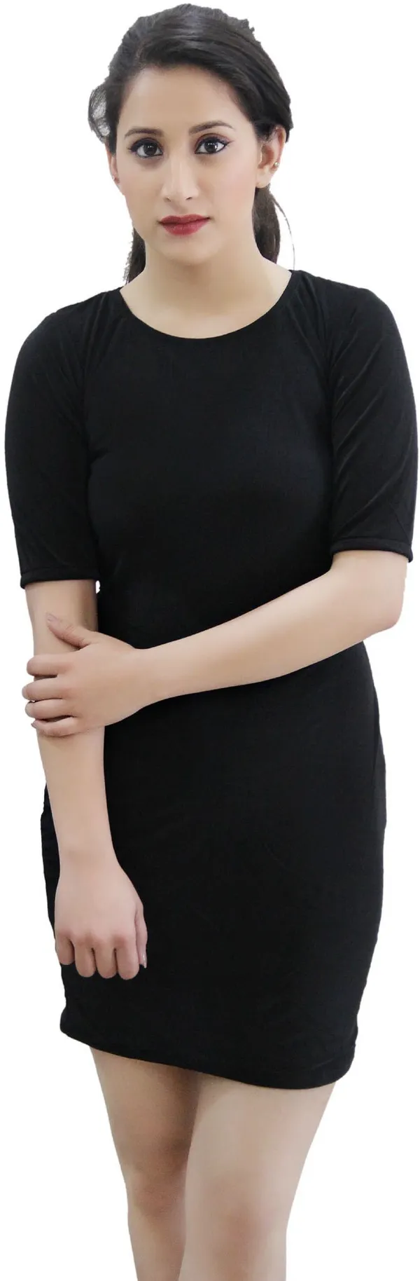 Black_Lycra_Blend_Round_Neck_Short_Sleeve_Knee_Length_Bodycon_Dress_For_Women