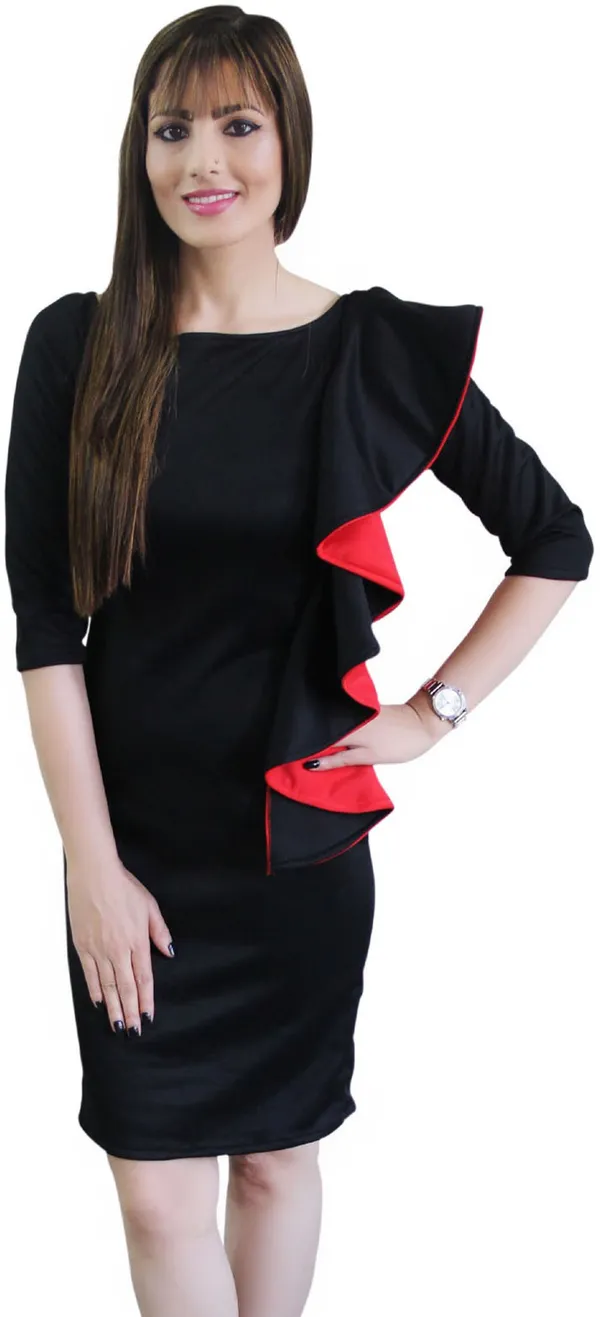 Black_Lycra_Blend_Round_Neck_3/4_Sleeve_Knee_Length_Bodycon_Dress_For_Women