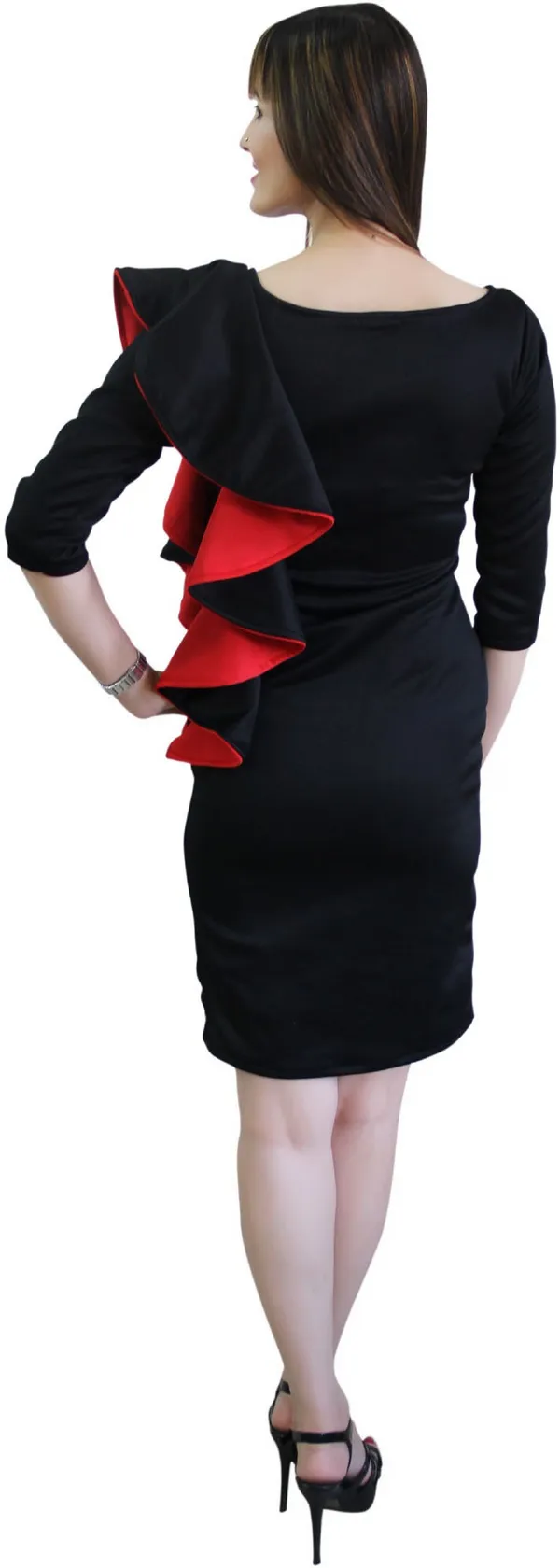 Black_Lycra_Blend_Round_Neck_3/4_Sleeve_Knee_Length_Bodycon_Dress_For_Women
