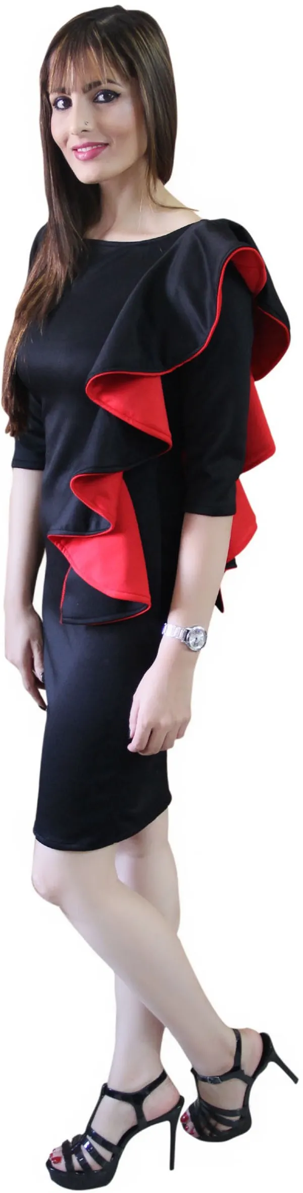 Black_Lycra_Blend_Round_Neck_3/4_Sleeve_Knee_Length_Bodycon_Dress_For_Women