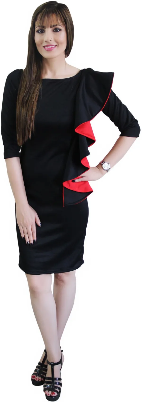 Black_Lycra_Blend_Round_Neck_3/4_Sleeve_Knee_Length_Bodycon_Dress_For_Women