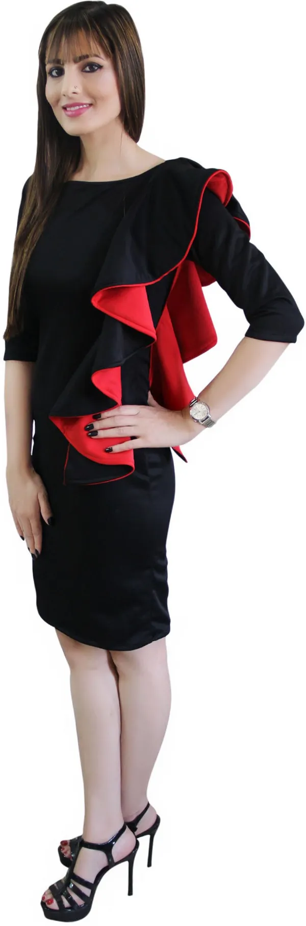 Black_Lycra_Blend_Round_Neck_3/4_Sleeve_Knee_Length_Bodycon_Dress_For_Women