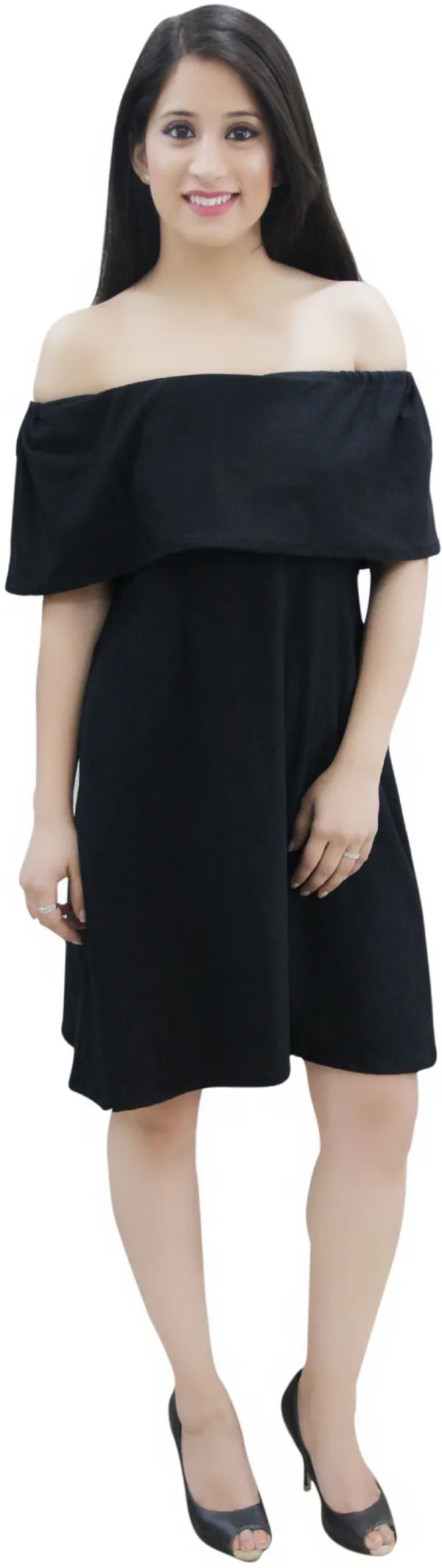 Black_Lycra_Blend_Off_Shoulder_Off_Shoulder_Sleeve_Knee_Length_A-Line_Dress_For_Women