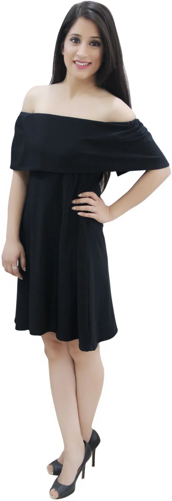Black_Lycra_Blend_Off_Shoulder_Off_Shoulder_Sleeve_Knee_Length_A-Line_Dress_For_Women