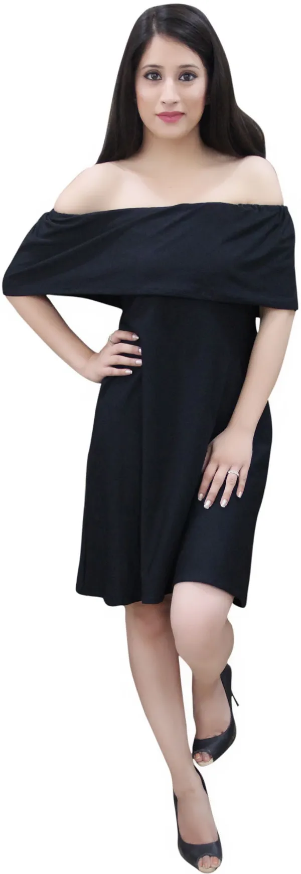 Black_Lycra_Blend_Off_Shoulder_Off_Shoulder_Sleeve_Knee_Length_A-Line_Dress_For_Women