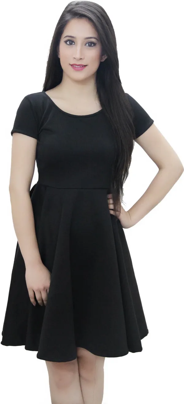 Black_Lycra_Blend_Round_Neck_Short_Sleeve_Above_Knee_Skater_Dress_For_Women