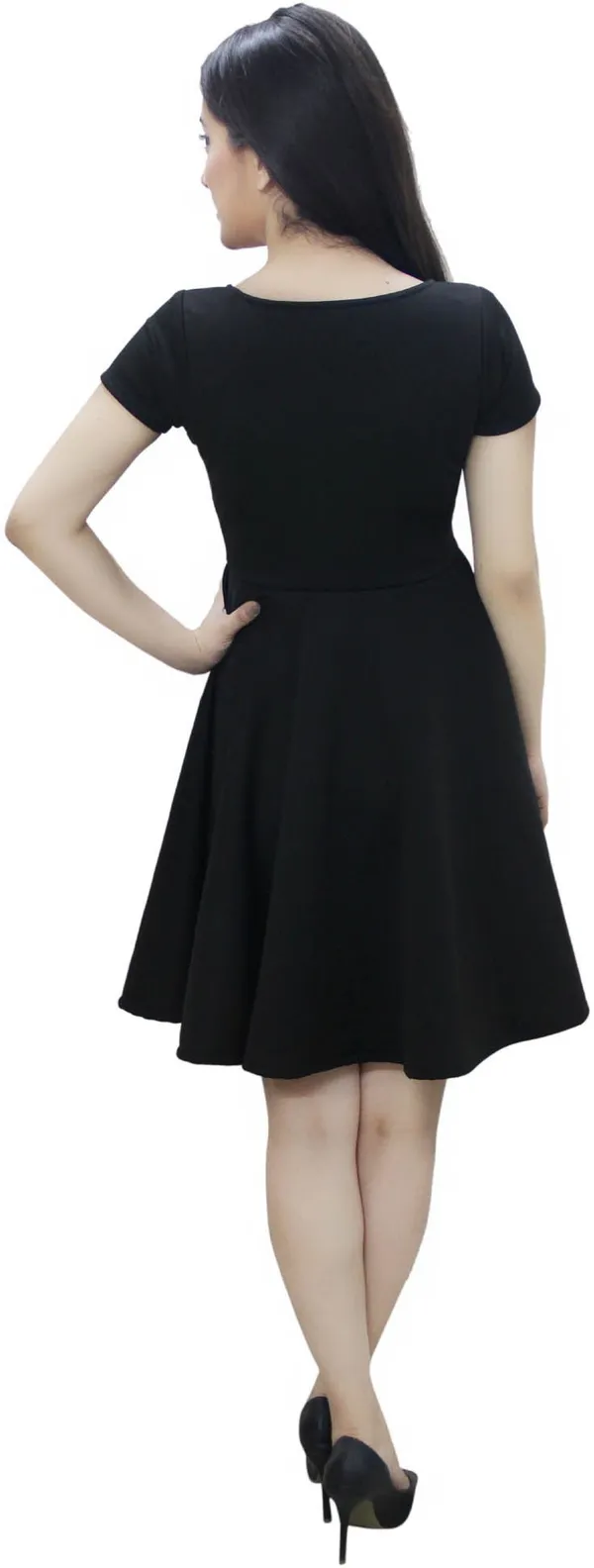 Black_Lycra_Blend_Round_Neck_Short_Sleeve_Above_Knee_Skater_Dress_For_Women