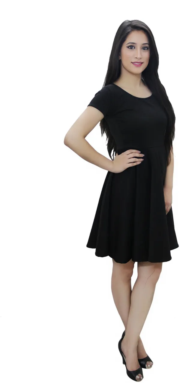 Black_Lycra_Blend_Round_Neck_Short_Sleeve_Above_Knee_Skater_Dress_For_Women