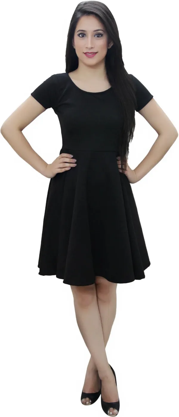 Black_Lycra_Blend_Round_Neck_Short_Sleeve_Above_Knee_Skater_Dress_For_Women