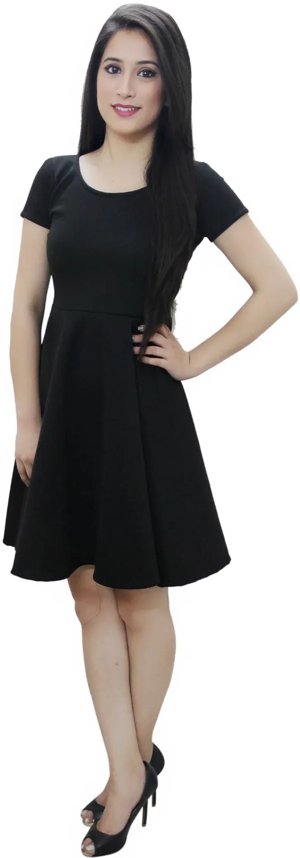 Black_Lycra_Blend_Round_Neck_Short_Sleeve_Above_Knee_Skater_Dress_For_Women