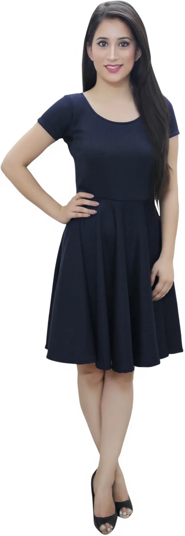 Dark_Blue_Lycra_Blend_Round_Neck_Short_Sleeve_Knee_Length_Skater_Dress_For_Women