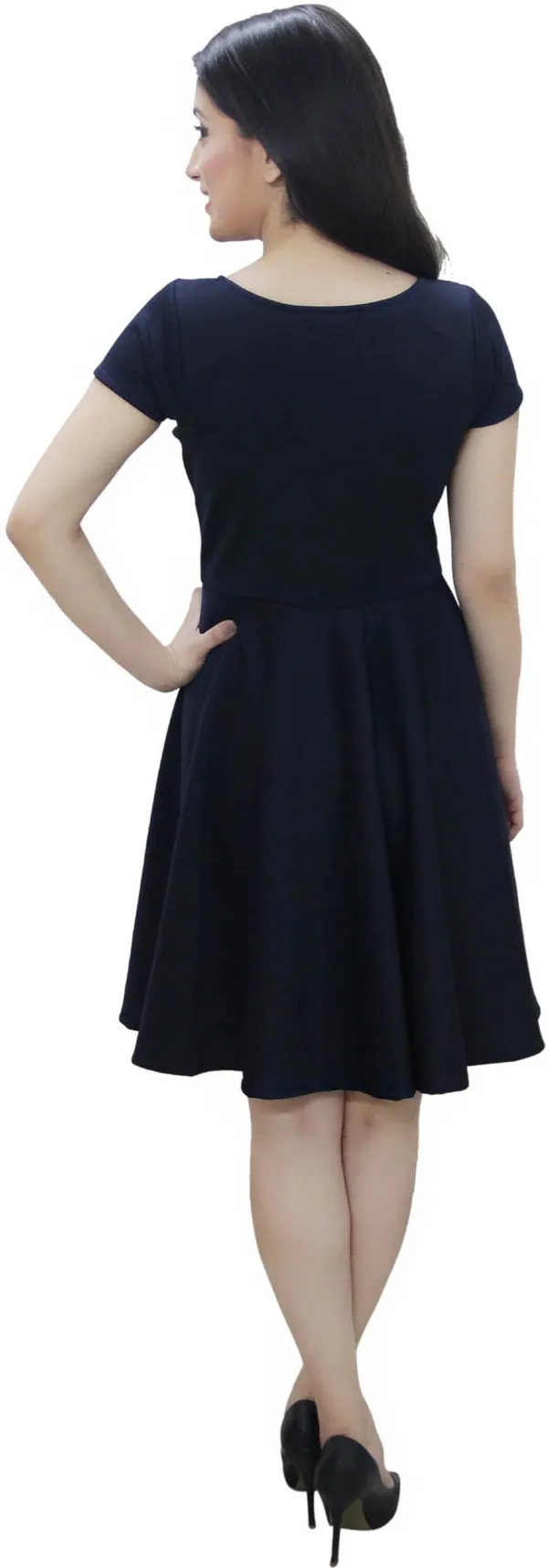 Dark_Blue_Lycra_Blend_Round_Neck_Short_Sleeve_Knee_Length_Skater_Dress_For_Women