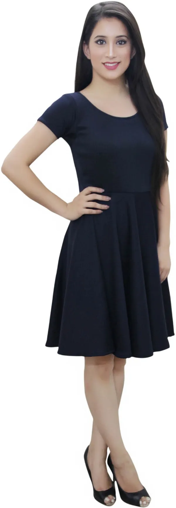 Dark_Blue_Lycra_Blend_Round_Neck_Short_Sleeve_Knee_Length_Skater_Dress_For_Women