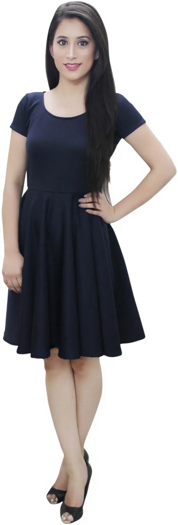 Dark_Blue_Lycra_Blend_Round_Neck_Short_Sleeve_Knee_Length_Skater_Dress_For_Women