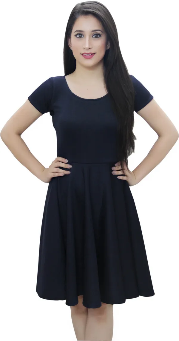 Dark_Blue_Lycra_Blend_Round_Neck_Short_Sleeve_Knee_Length_Skater_Dress_For_Women