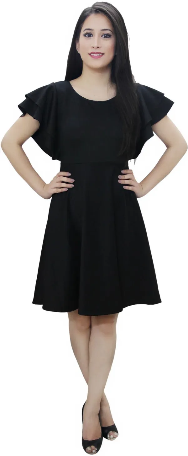 Black_Lycra_Blend_Fashion_Sleeve_Knee_Length_Skater_Dress_For_Women