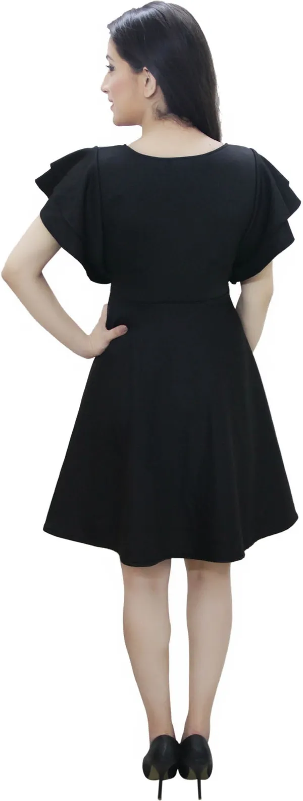 Black_Lycra_Blend_Fashion_Sleeve_Knee_Length_Skater_Dress_For_Women