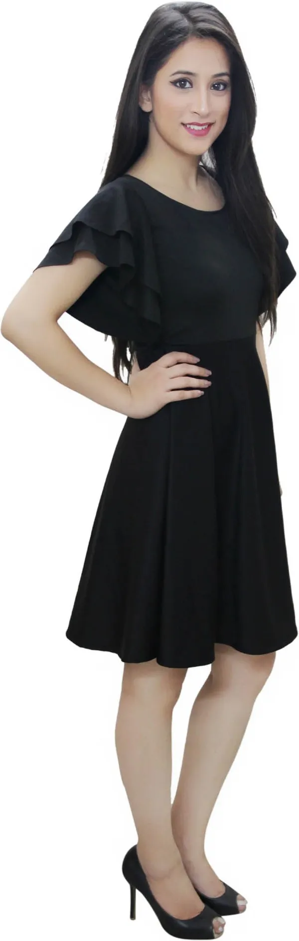 Black_Lycra_Blend_Fashion_Sleeve_Knee_Length_Skater_Dress_For_Women