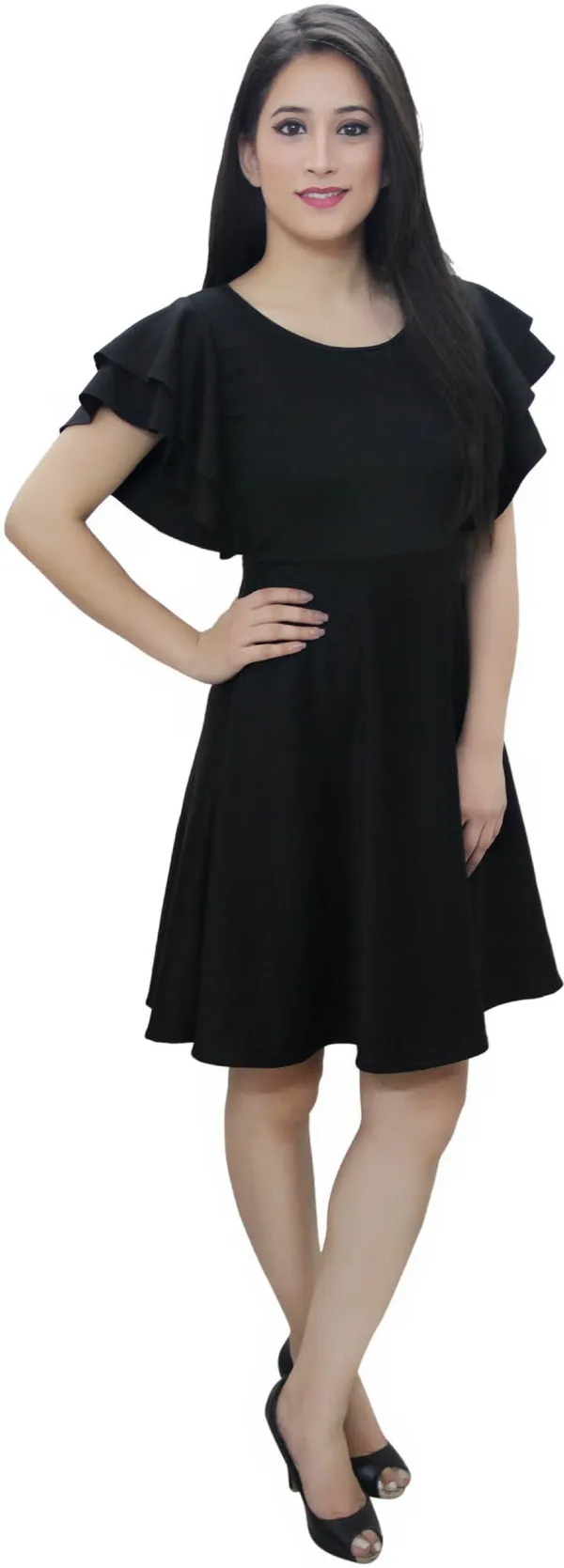 Black_Lycra_Blend_Fashion_Sleeve_Knee_Length_Skater_Dress_For_Women